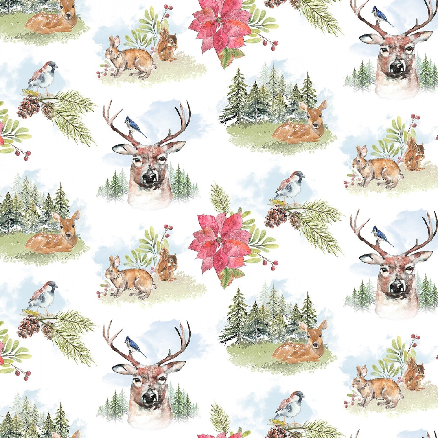 Joyful Winter Fat Quarter Bundle with Panel, Clothworks FQ0419, Christmas Xmas Animals Quilt Fabric