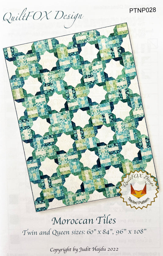 Moroccan Tiles Quilt Pattern, QuiltFOX PTNP028, Jelly Roll Strip Friendly Star Lattice Throw Twin Queen Bed Quilt Pattern