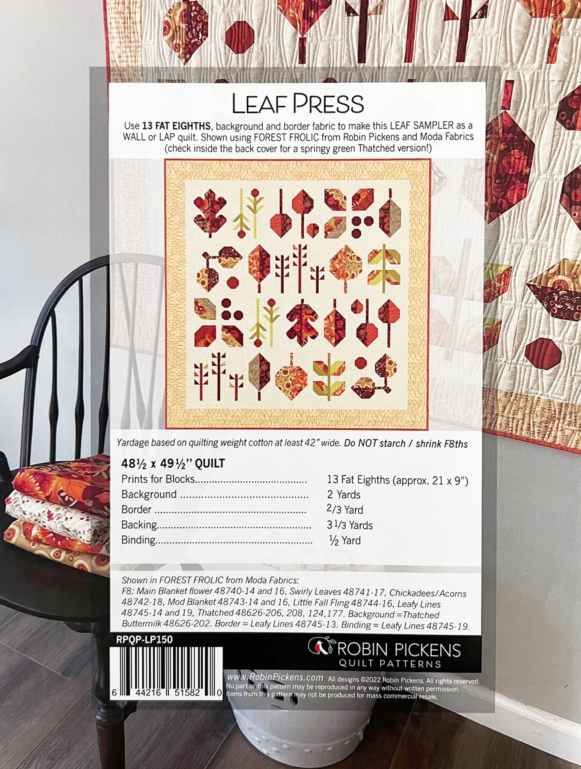 Leaf Press Quilt Pattern, Robin Pickens RPQP-LP150, Fat Eighths F8 Friendly, Autumn Fall Leaves Square Lap Throw Baby Wall Quilt Pattern