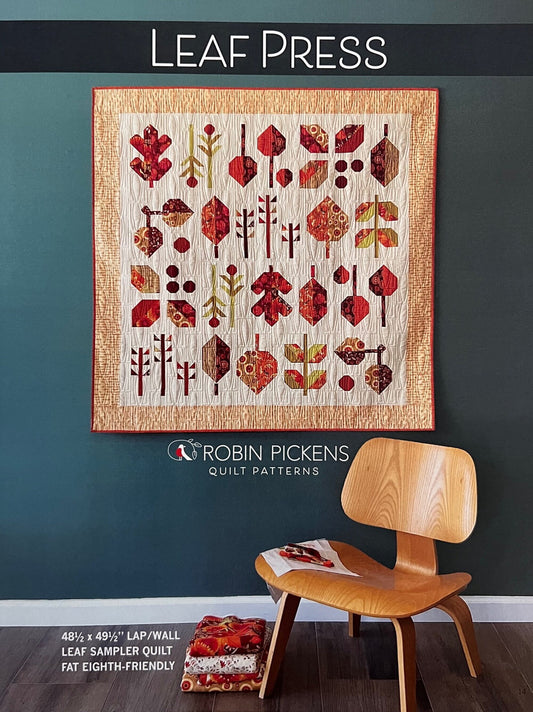 Leaf Press Quilt Pattern, Robin Pickens RPQP-LP150, Fat Eighths F8 Friendly, Autumn Fall Leaves Square Lap Throw Baby Wall Quilt Pattern