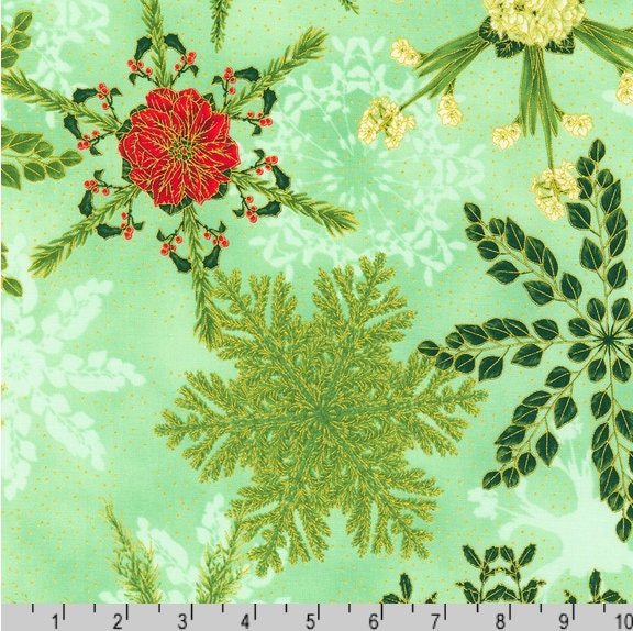 Holiday Flourish Snow Flowers - Mint Floral Snowflake Fabric, Robert Kaufman SRKM-21596-32 Mint, Christmas Xmas Quilt Fabric By the Yard