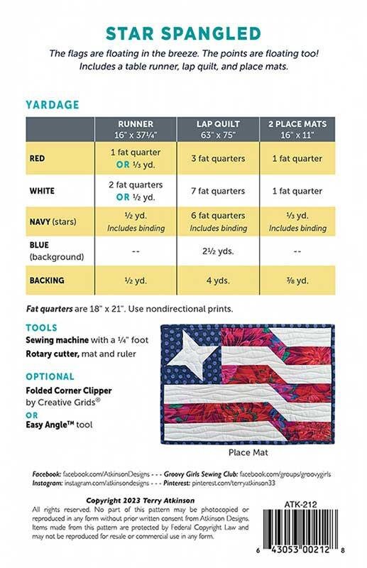 Star Spangled Table Runner Quilt Pattern, Atkinson Designs ATK212, Fat Quarter FQ Friendly, Modern Patriotic Flag Table Throw Quilt Pattern