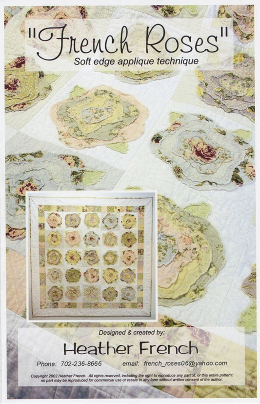 French Roses Quilt Pattern, Vintage Meadow Artworks FR001, Yardage Scrap Friendly, Rose Flower Raw Edge Applique Lap Throw Quilt Pattern