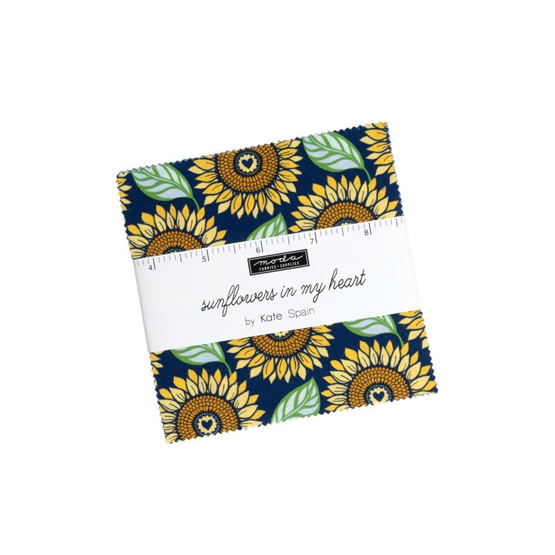 Sunflowers in My Heart Charm Pack, Moda 27320PP, 5" Precut Sunflower Floral Quilt Fabric Squares, Yellow Green Blue Charm, Kate Spain