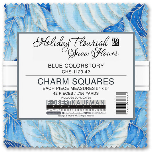 Holiday Flourish Snow Flower Blue Charm Squares, Robert Kaufman CHS-1123-42, Blue Silver Metallic Xmas Charm Pack, 5" Inch Fabric Squares