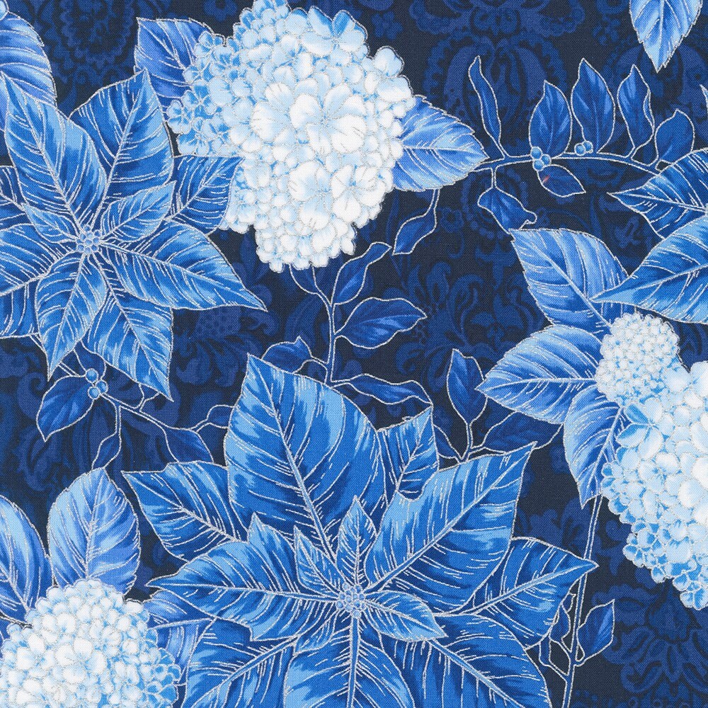 Holiday Flourish Snow Flower Blue Charm Squares, Robert Kaufman CHS-1123-42, Blue Silver Metallic Xmas Charm Pack, 5" Inch Fabric Squares