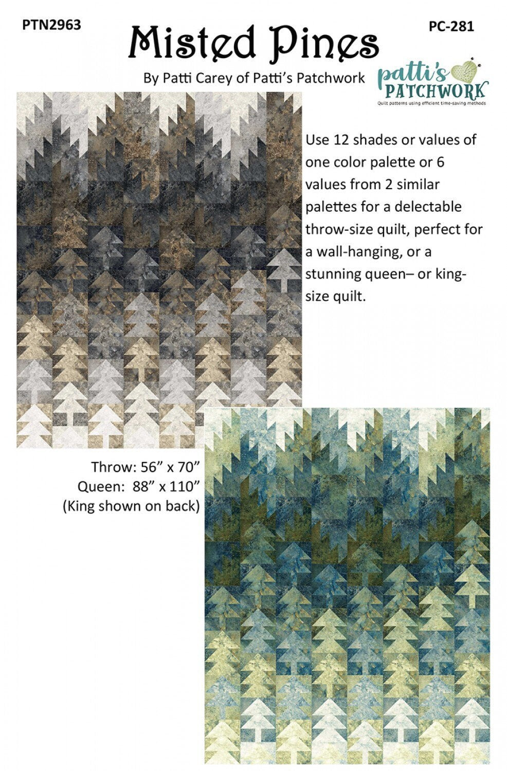 Misted Pines Quilt Pattern, Patti's Patchwork PC-281, Monochromatic Trees Mountains Quilt Pattern, Throw Queen King Quilt Pattern