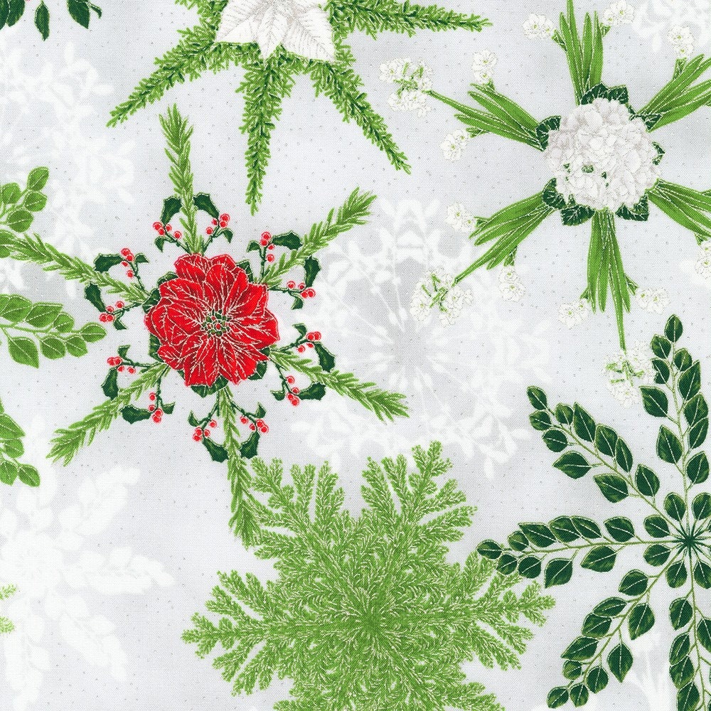 Holiday Flourish Snow Flower Silver Ten Square, Robert Kaufman TEN-1192-42, Red Silver Metallic Christmas Fabric, 10" Precut Fabric Squares
