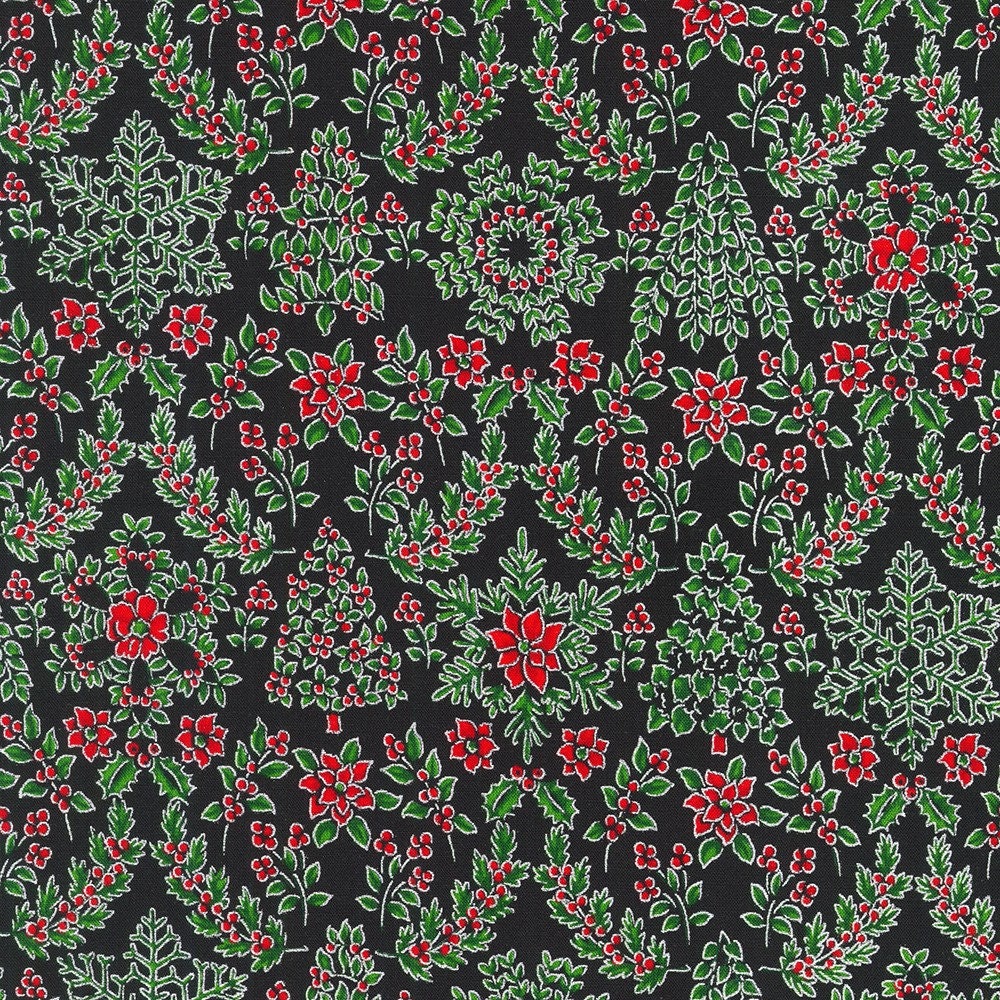 Holiday Flourish Snow Flower Silver Ten Square, Robert Kaufman TEN-1192-42, Red Silver Metallic Christmas Fabric, 10" Precut Fabric Squares