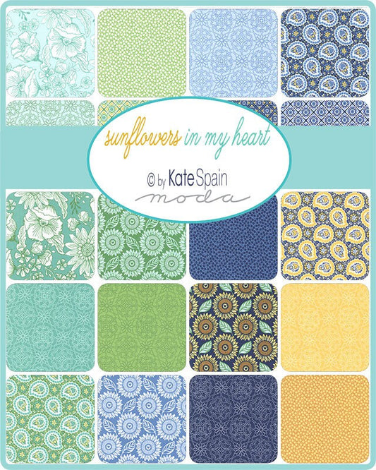 Sunflowers in My Heart Charm Pack, Moda 27320PP, 5" Precut Sunflower Floral Quilt Fabric Squares, Yellow Green Blue Charm, Kate Spain