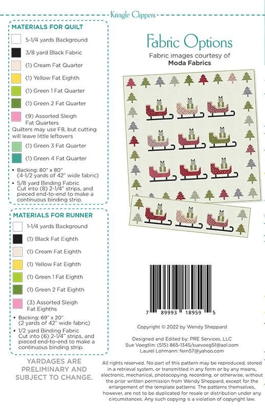 Kringle Clippers Quilt Pattern, Wendy Sheppard WS59, Christmas Xmas Sleighs Quilt Pattern, Fat Quarter Eighths FQ F8 Friendly Pattern