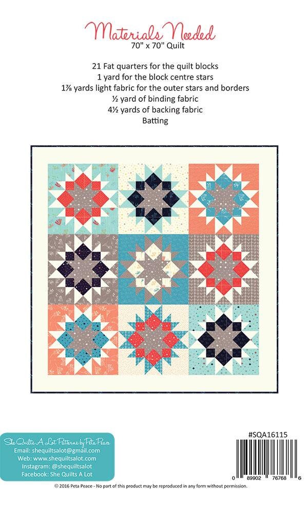 Alice Quilt Pattern, She Quilts A Lot SQA16115, Fat Quarter FQ Friendly, Starburst Star Throw Bed Quilt Pattern, Square Quilt Pattern