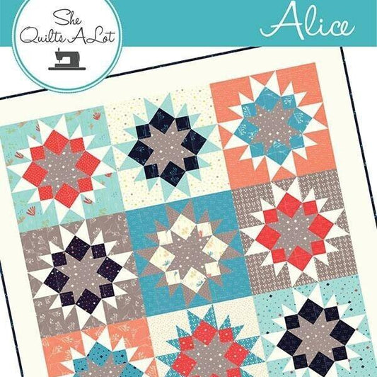 Alice Quilt Pattern, She Quilts A Lot SQA16115, Fat Quarter FQ Friendly, Starburst Star Throw Bed Quilt Pattern, Square Quilt Pattern