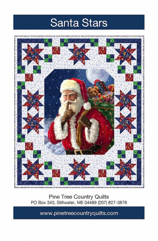 Santa Stars Panel Frame Quilt Pattern, Pine Tree Country Quilts PT1890, Fabric Panel Friendly, Panel Frame Pattern, Christmas Quilt Pattern
