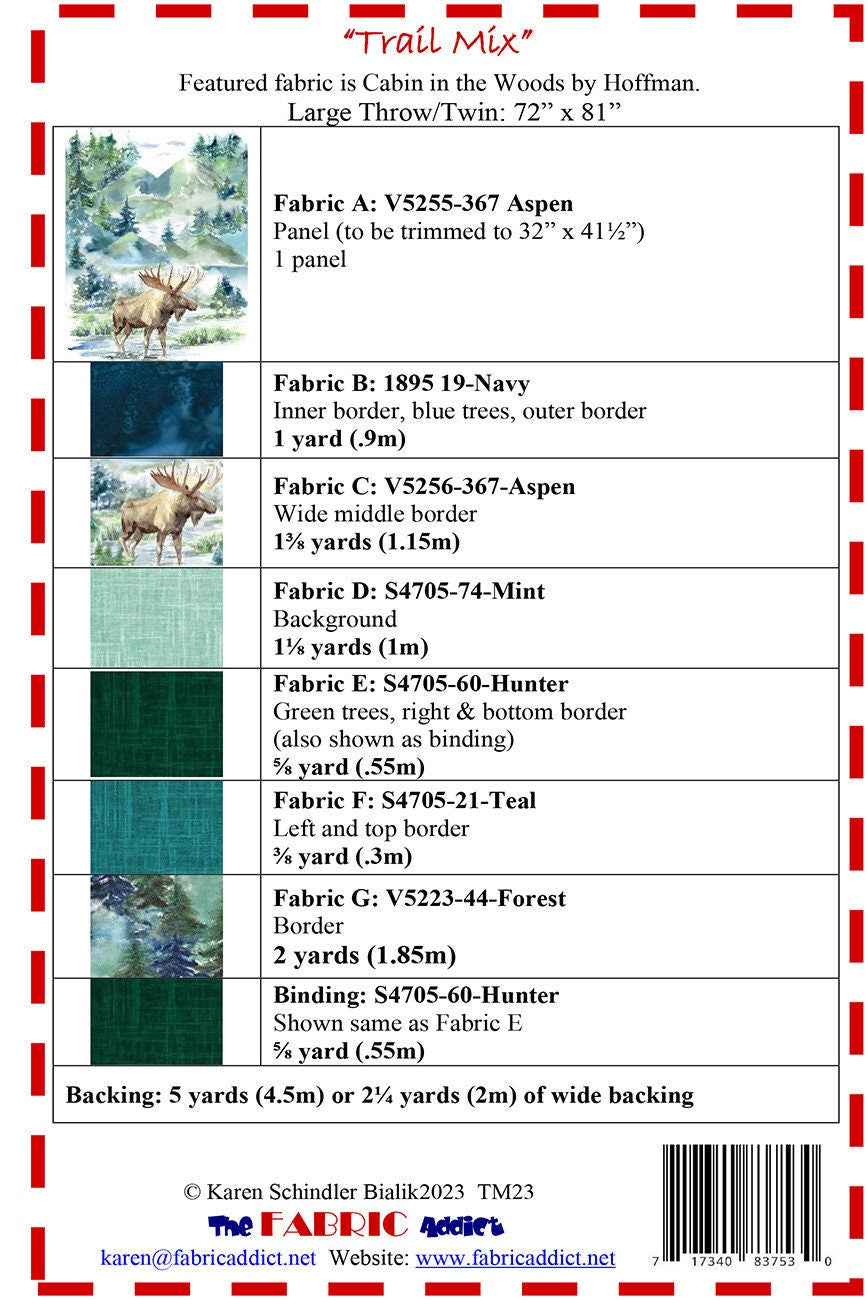 Trail Mix Quilt Pattern, The Fabric Addict TM23, Yardage Panel Friendly, Pine Trees Panel Frame Throw Quilt Pattern, Karen Schindler Bialik