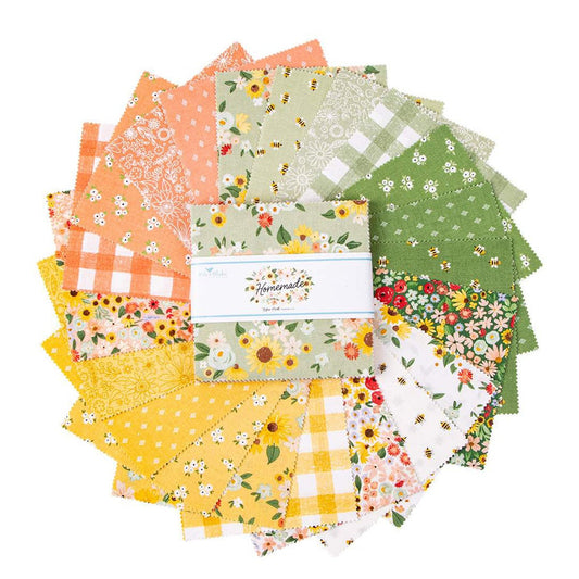 Homemade 5" Stacker, Riley Blake 5-13720-42, Yellow Green Peach Pink Floral 5" Inch Precut Fabric Squares, Echo Park Paper