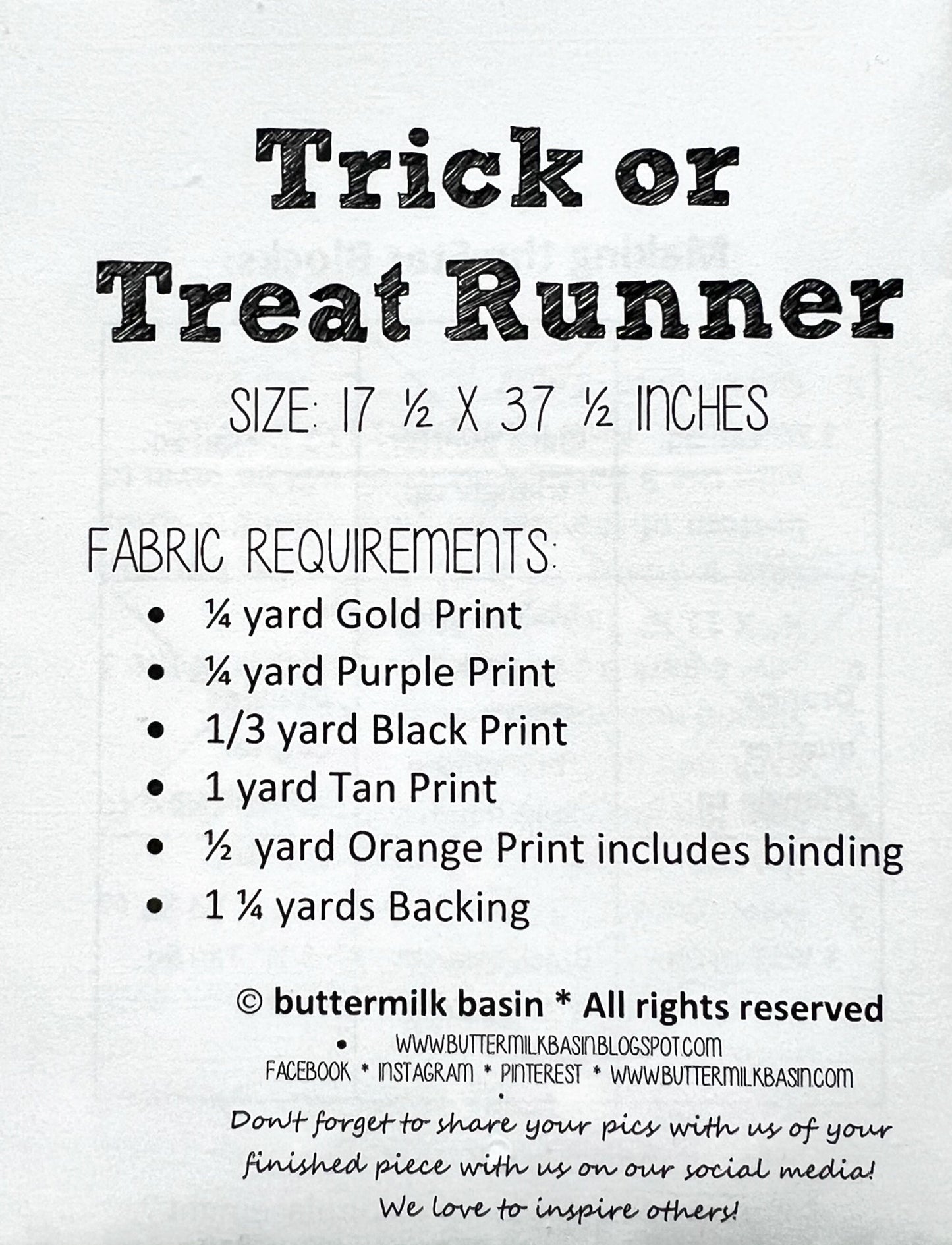 Trick or Treat Runner Quilt Pattern, Buttermilk Basin BMB1675, Yardage Friendly Halloween Table Runner Topper Quilt Pattern