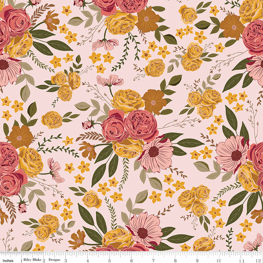 Petal Song 10" Stacker, Riley Blake 10-13710-42, Peach Mauve Gold Precut Quilt Fabric Squares, Corri Sheff