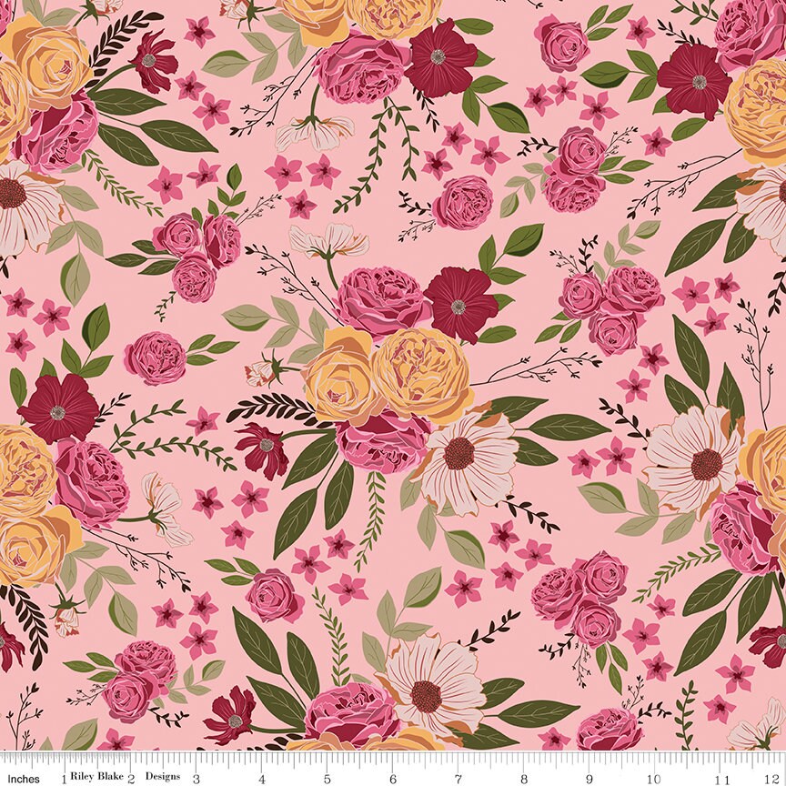 Petal Song 10" Stacker, Riley Blake 10-13710-42, Peach Mauve Gold Precut Quilt Fabric Squares, Corri Sheff