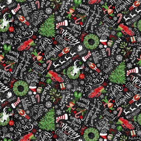 Christmas Chalkboard Fabric, Timeless Treasures GAIL-CD1481 Black, Holiday Chalkboard Words Cotton Xmas Fabric, By the Yard