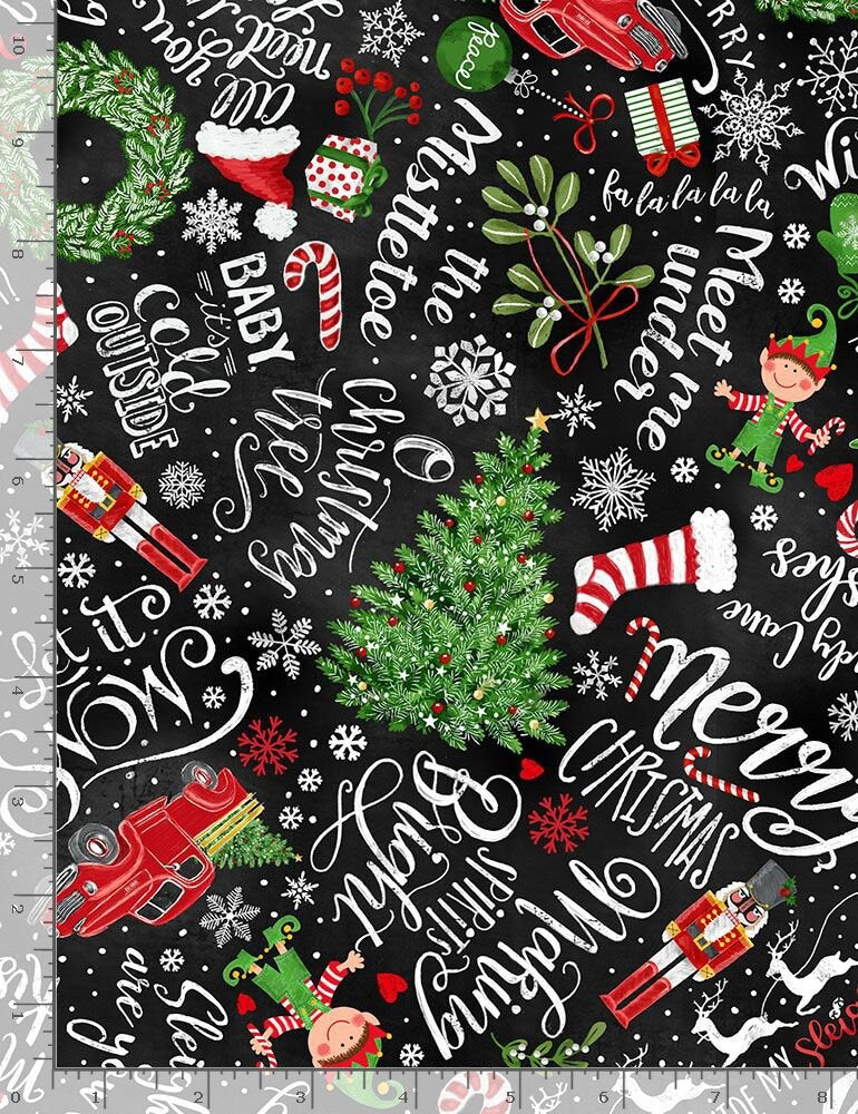 Christmas Chalkboard Fabric, Timeless Treasures GAIL-CD1481 Black, Holiday Chalkboard Words Cotton Xmas Fabric, By the Yard