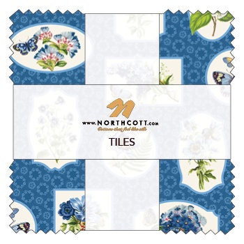 Something Blue Tiles, Northcott TSOME42-10, Blue Green Floral Cotton Quilt Fabric, 10" Inch Precut Fabric Squares