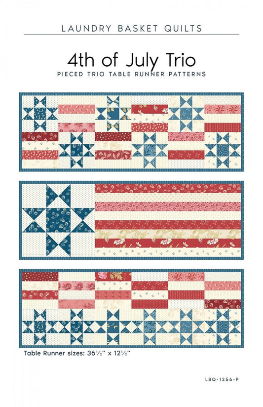 4th of July Trio Quilt Pattern, Laundry Basket Quilts LBQ-1256-P, Fat Eighths Eights F8 Friendly, Patriotic Stars Stripes Table Runners