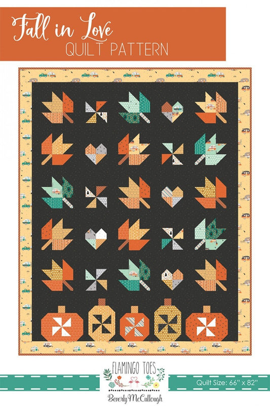 Fall in Love Quilt Pattern, Flamingo Toes FT-8993, 24 Fat Quarter FQ Friendly Haunted Adventure Autumn Fall Leaves Quilt Pattern