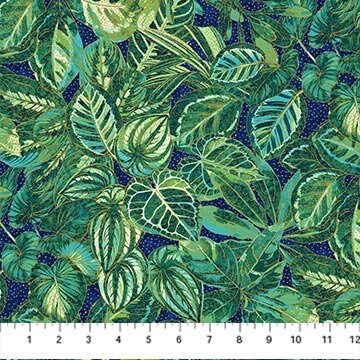 Shimmer Paradise - Packed Tropical Leaves on Navy Fabric, Northcott 25242M-48 Navy Multi Yardage, By the Yard