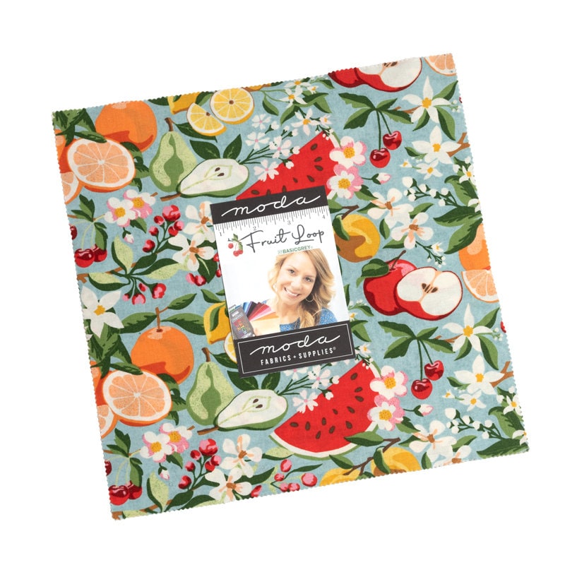 Fruit Loop Layer Cake, Moda 30730LC, Bright Fruit Apples Floral Layer Cake Fabric, 10" Inch Precut Fabric Squares, BasicGrey