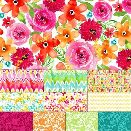 Santa Monica Charm Pack, P&B Textiles SMON5X5, Bright Watercolor Floral Charm Pack Fabric, 5" Inch Precut Fabric Squares, Sara Berrenson