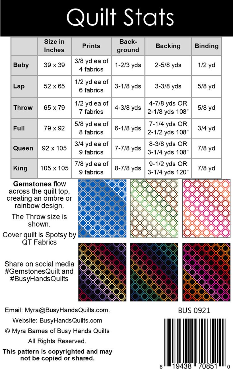 Gemstones Quilt Pattern, Busy Hands Quilts BUS0921, Yardage Friendly Baby Lap Throw Full Queen King Bed Quilt Pattern