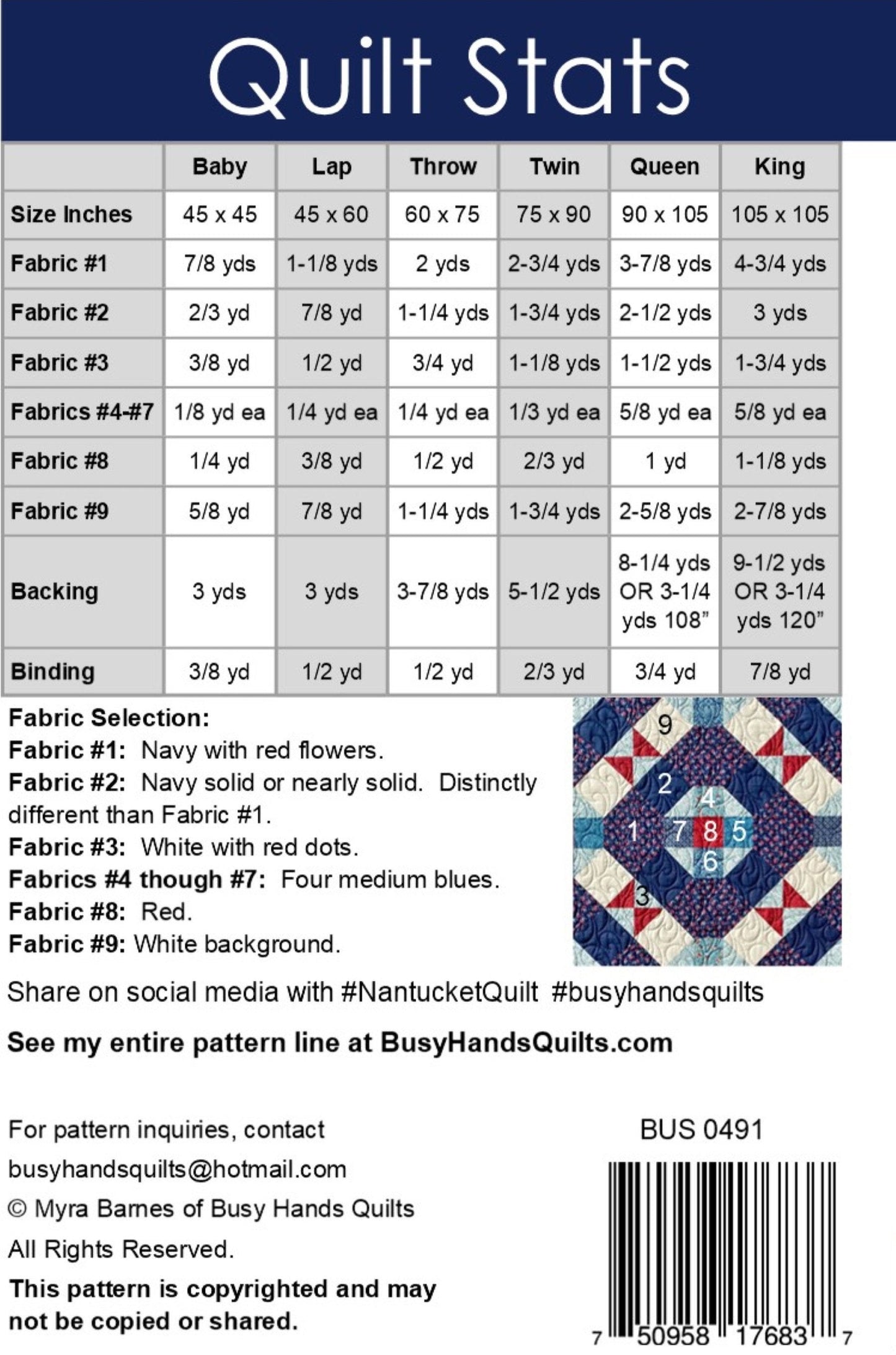 Nantucket Quilt Pattern, Busy Hands Quilts BUS0491, Yardage Friendly Baby Lap Throw Twin Queen King Bed Quilt Pattern