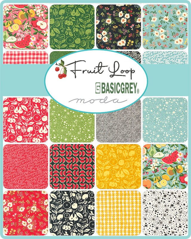 Fruit Loop Layer Cake, Moda 30730LC, Bright Fruit Apples Floral Layer Cake Fabric, 10" Inch Precut Fabric Squares, BasicGrey