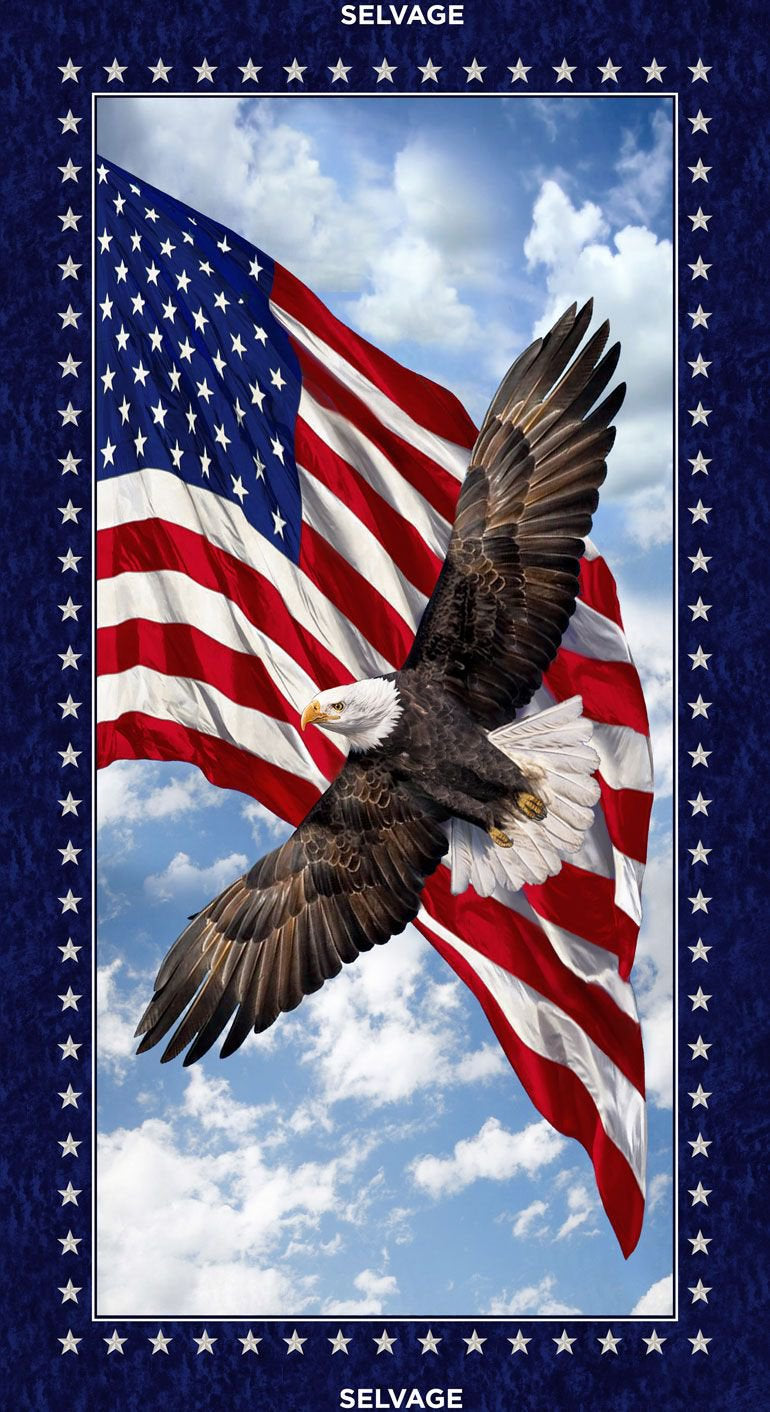 Land of the Free - American Bald Eagle with Flag 23.5" Fabric Panel, Timeless Treasures PANEL-C7448, Land of the Free USA Fabric Panel, QOV