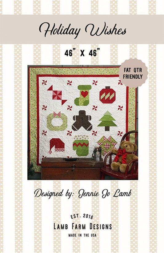 Holiday Wishes Quilt Pattern, Lamb Farm Designs LFD117, Fat Eighths F8 FQ Friendly Christmas Xmas Icons Gingerbread Tree Quilt Pattern