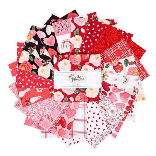 My Valentine 5" Stacker, Riley Blake 5-14150-42, Pink Red Hearts Valentines Day Floral 5" Inch Precut Fabric Squares, Echo Park