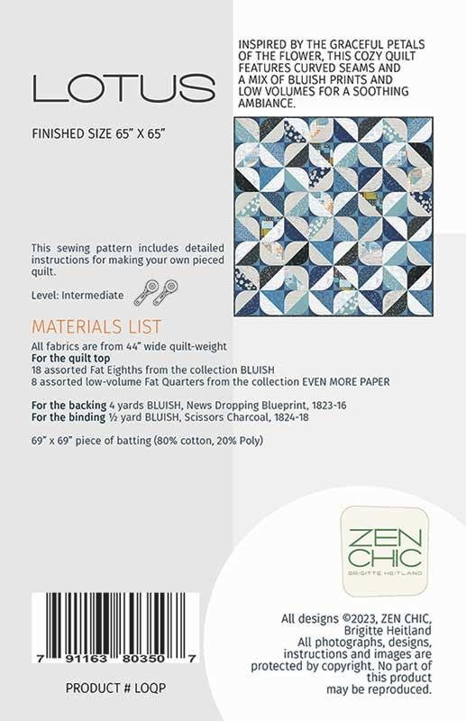 Lotus Quilt Pattern, Zen Chic ZC LOQP, Fat Eighths F8 Friendly, Modern Contemporary Curves Throw Quilt Pattern, Brigitte Heitland