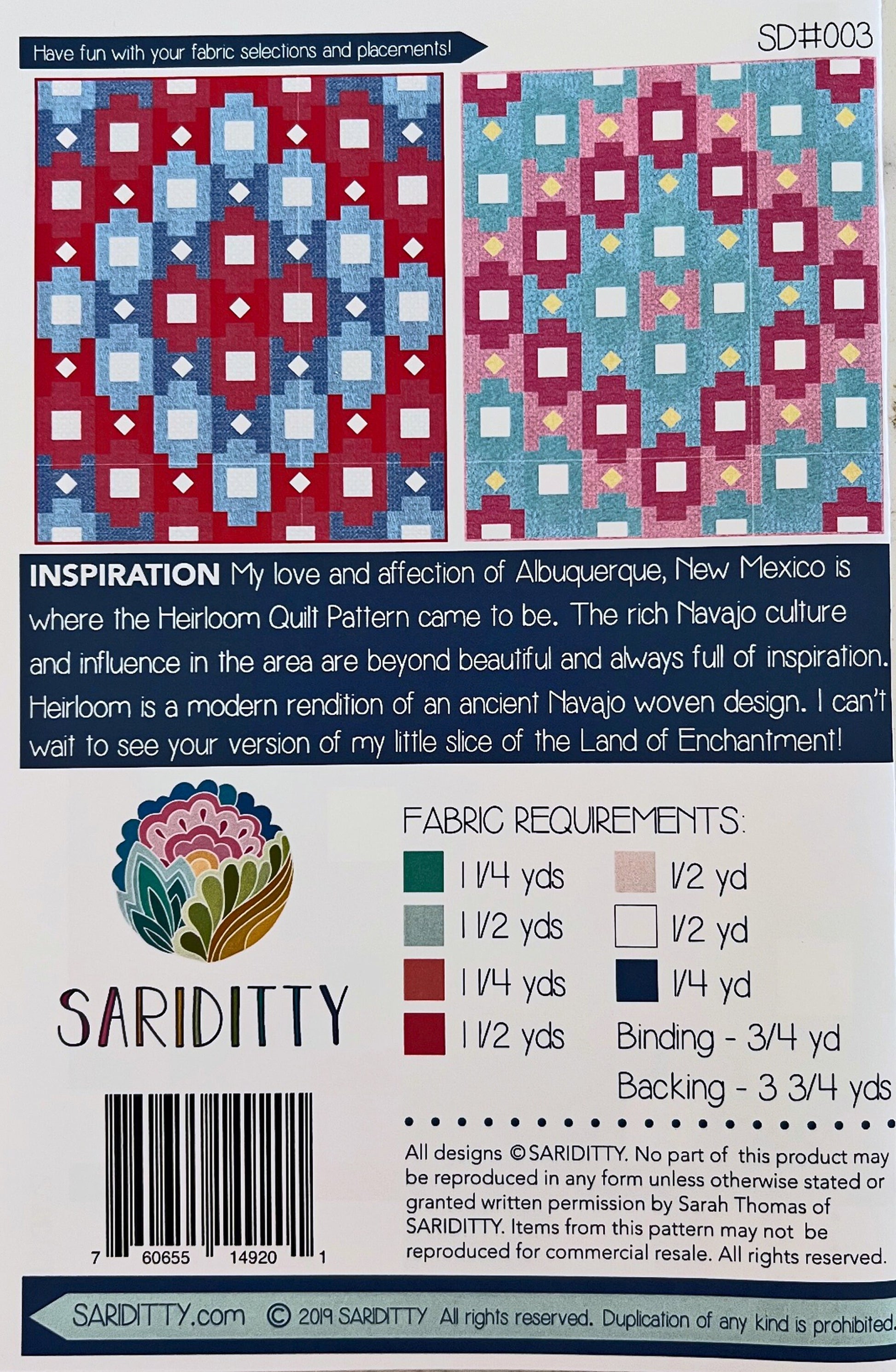 Heirloom Quilt Pattern, Sariditty SD003, Yardage Friendly, Modern Ikat Design Throw Quilt Pattern, Sarah Thomas