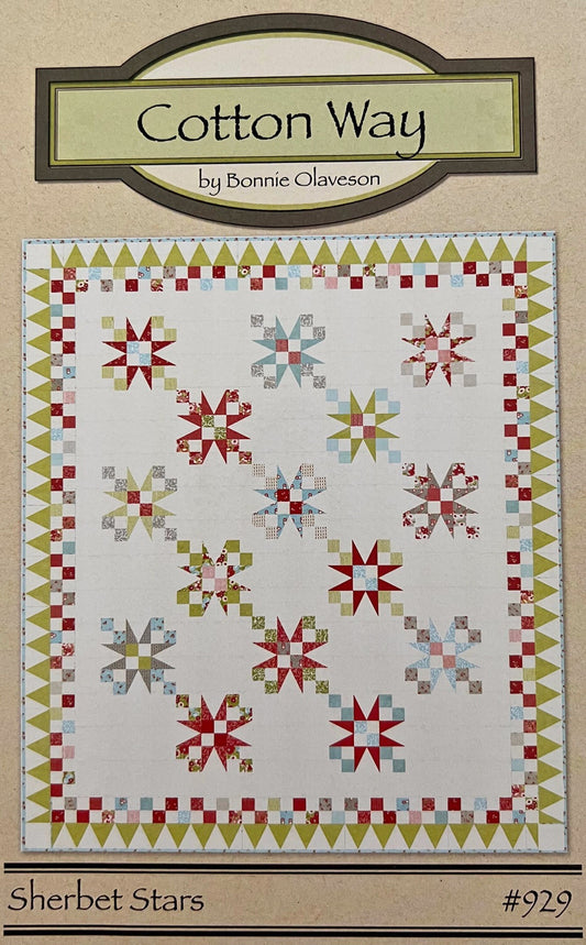 LAST CALL Sherbet Stars Quilt Pattern, Cotton Way CW929, Jelly Roll Friendly Star Bed Quilt Pattern, Bonnie Olaveson