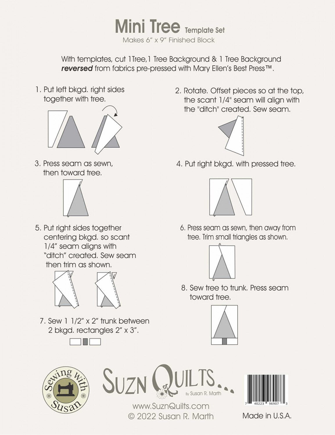 Suzn Quilts Mini Tree Template, SUZ486, Acrylic Triangle in a Square Quilting Template Ruler, Christmas Tree Template