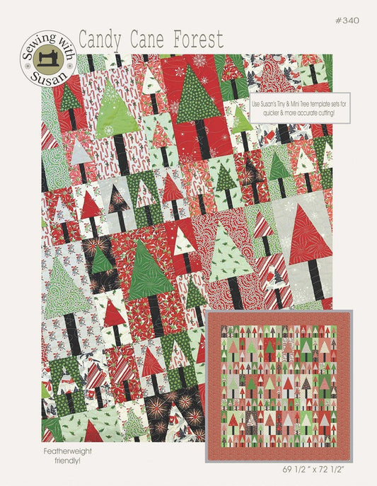 Candy Cane Forest Quilt Pattern, Suzn Quilts SUZ340, Fat Quarter FQ Yardage Friendly Christmas Xmas Pine Trees Woodland Throw Quilt Pattern