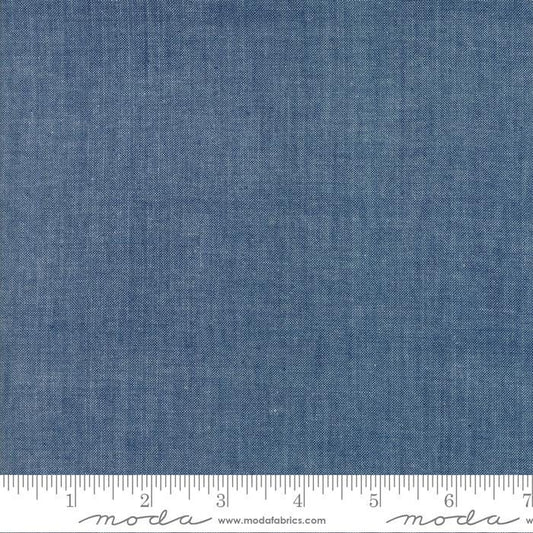 Chambray - Indigo Lightweight CHAMBRAY Fabric, Moda 12051 13, Medium Blue Blender Tonal Texture Woven Fabric, By the Yard