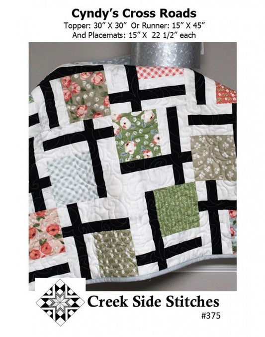 Cyndys Cross Roads Table Topper Runner Place Mats Pattern, Creek Side Stitches CSS375, Charm Pack Friendly Table Quilt Pattern