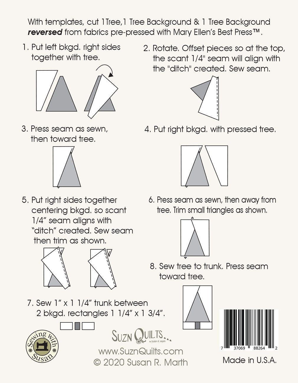 Suzn Quilts Tiny Tree Template, Suzn Quilts SUZ286, Acrylic Triangle in a Square Quilting Template Ruler, Christmas Tree Template