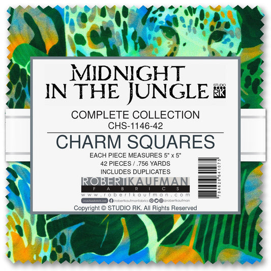 Midnight in the Jungle Charm Squares, Robert Kaufman CHS-1146-42, 5" Inch Precut Fabric Squares, Tropical Leaves Floral Animal Print Fabric
