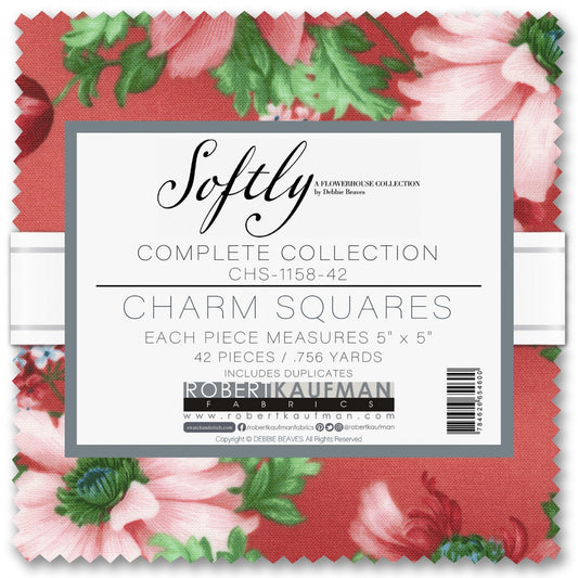 Softly Charm Squares, Robert Kaufman CHS-1158-42, 5" Inch Precut Fabric Squares, Red Pink Black Green Blue Floral Quilt Fabric, Beaves