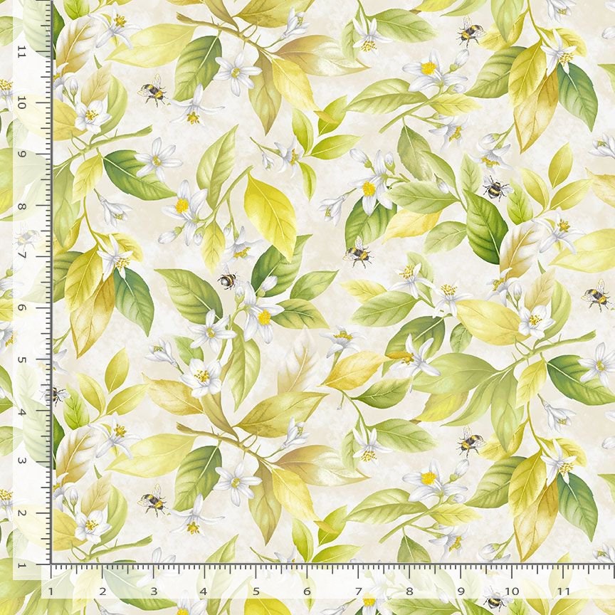 108" Lemon Bouquet - Blossoms Bees Wide Quilt Back Fabric, Timeless Treasures XFRUIT-CD2455 Beige, Leaves Quilt Backing Fabric, By the Yard