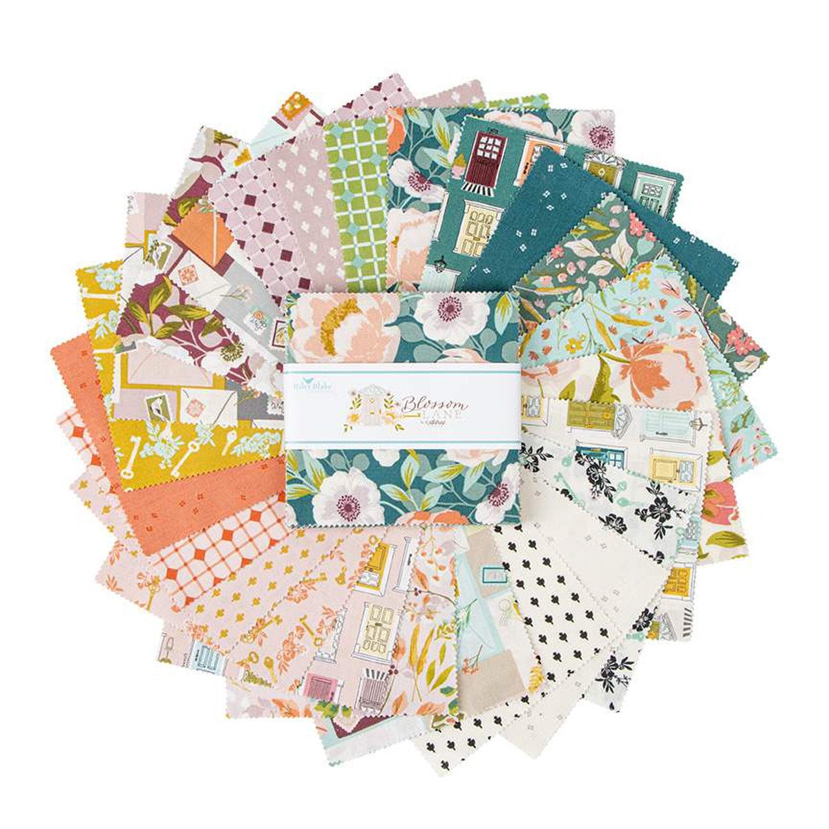 Blossom Lane 5" Stacker, Riley Blake 5-14000-42, Floral Home Precut Quilt Fabric Squares, Katherine Lenius