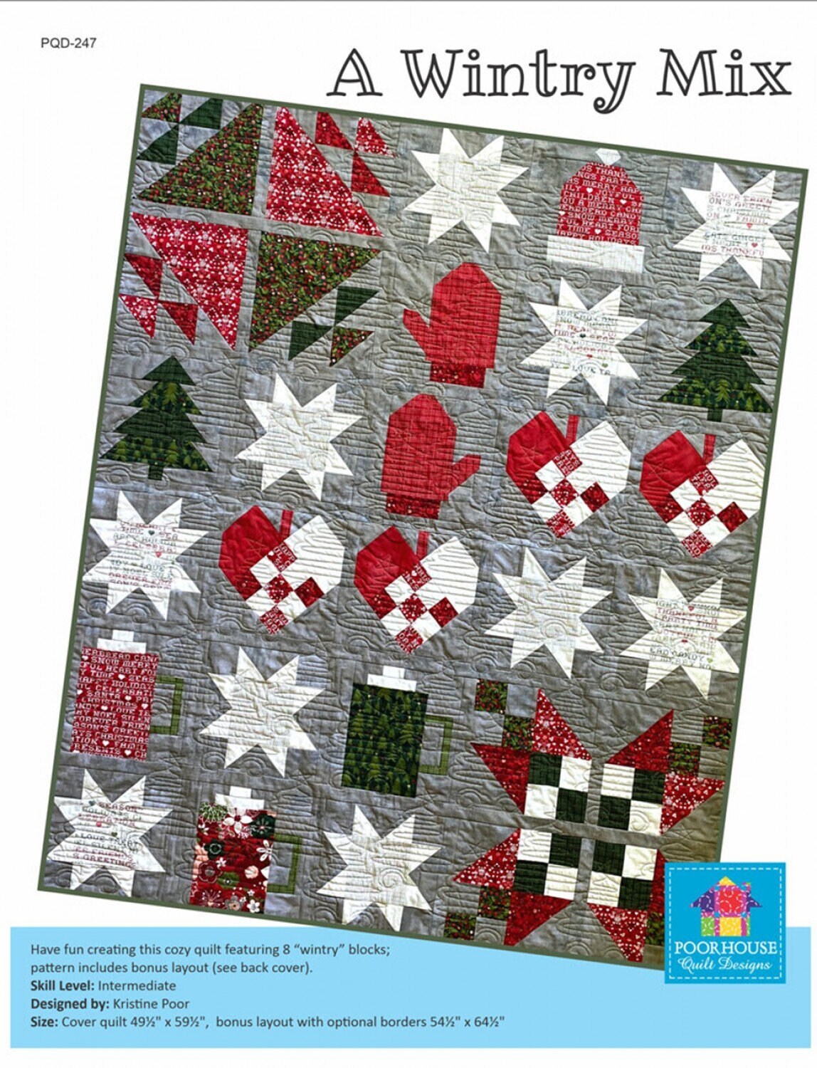 A Wintry Mix Quilt Pattern, Poor House Quilt Designs PQD247, Fat Quarter FQ Fat Eighths F8 Scrap Friendly Winter Lap Throw Quilt Pattern